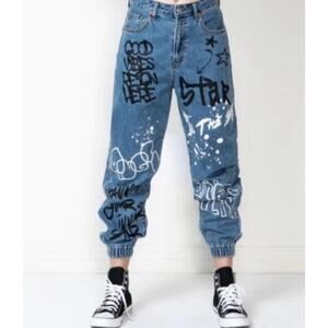 SONG Women’s 28 Blue Denim Graffiti Paint Splatter Zip Jogger Jeans